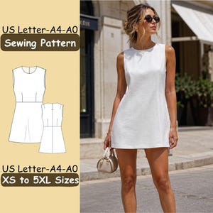 Può includere: Un abito corto bianco senza maniche con scollo rotondo e silhouette strutturata. L'immagine include un disegno tecnico del cartamodello con il testo US Letter-A4-A0 Sewing Pattern e US Letter-A4-A0 XS to 5XL Sizes.