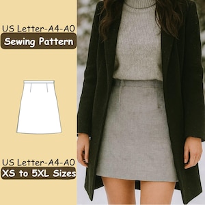 以下が含まれることがあります： グレーと白のチェック柄スカート、グレーのタートルネックセーター、黒いコートを着た女性。画像には、スカートの縫製パターンも表示されており、「US Letter-A4-A0 Sewing Pattern」と「XS to 5XL Sizes」の文字があります。