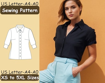 Patrón de costura para camisa de manga corta, patrón de costura para camisa de mujer, patrón de costura para camisa con botones para mujer, tutorial digital fácil de usar para principiantes