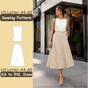 Patrón de costura para top sin mangas y falda de corte A, conjunto de verano para mujer en formato PDF.