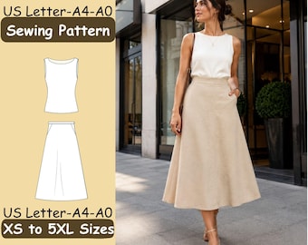 Sleeveless Top and A Line Skirt Sewing Pattern, Womens Summer Outfit PDF
