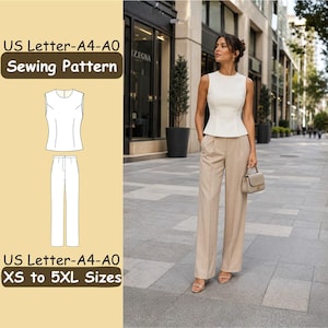 May include: A sewing pattern for a sleeveless peplum top and straight-leg trousers, labelled US Letter-A4-A0 and XS to 5XL Sizes. The visual guide shows a white sleeveless top and beige trousers worn together with a small handbag in a city setting.