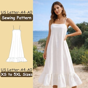 Pode incluir: Um vestido branco de verão com alças finas e bainha com babados. A imagem também mostra um padrão de costura para o vestido, com o texto "US Letter-A4-A0 Sewing Pattern" e "XS to 5XL Sizes".