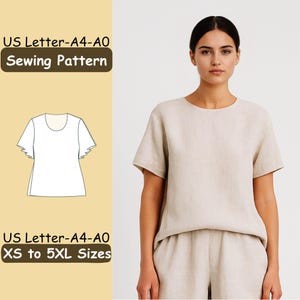 Puede incluir: Una mujer con un top y pantalones cortos de lino beige. El top tiene mangas cortas y cuello redondo. A la izquierda, una ilustración de patrón de costura con el texto "US Letter-A4-A0 Sewing Pattern" y "XS to 5XL Sizes."