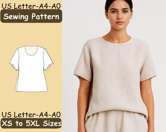 May include: A woman wearing a beige linen top and shorts. The top has short sleeves and a round neckline. A sewing pattern illustration is on the left, with text that reads "US Letter-A4-A0 Sewing Pattern" and "XS to 5XL Sizes."