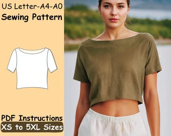 Summer Cropped T Shirt Pattern Trendy Crop Top Sewing Pattern, Women Casual T Shirt Beginner Pattern Basic Shirt Pattern