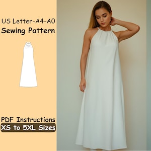 Halter Neck Dress Sewing Patterm Maxi Fairy Dress PDF Pattern Summer Elegant Dress for Women Sewing Instructions XS - 5XL Pattern