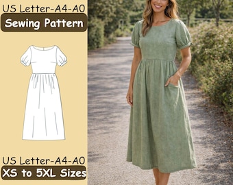 Womens Midi Dress Sewing Pattern, Puff Sleeve Dress, Beginner Friendly, DIY