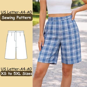 May include: Blue and white checked shorts. The shorts are knee-length and have a high waist. The image also includes a sewing pattern for shorts, with the text "US Letter-A4-A0 Sewing Pattern" and "XS to 5XL Sizes".