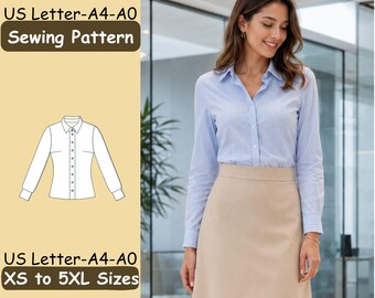 May include: A sewing pattern for a long-sleeved button-down shirt with a light blue and white striped design. The image includes a technical line drawing of the shirt and text stating US Letter-A4-A0 Sewing Pattern and XS to 5XL Sizes.