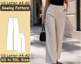 May include: A sewing pattern for wide-leg trousers with text reading US Letter-A4-A0 Sewing Pattern and US Letter-A4-A0 XS to 5XL Sizes. The image displays a technical line drawing of the pants alongside a photograph of beige trousers.