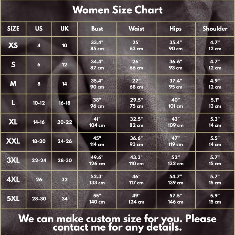 Op de afbeelding: Een maattabel voor dames met afmetingen in inches en centimeters. De tabel bevat maten XS tot 5XL, met bijbehorende US, UK, borst, taille, heupen en schouder maten. De tekst onderaan luidt: "We kunnen een aangepaste maat voor u maken."