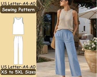 May include: A sewing pattern for a sleeveless tank top and wide-leg trousers, labeled US Letter-A4-A0 and XS to 5XL Sizes. The image displays a beige ribbed tank top paired with light blue linen-style trousers, featuring an elastic waistband.