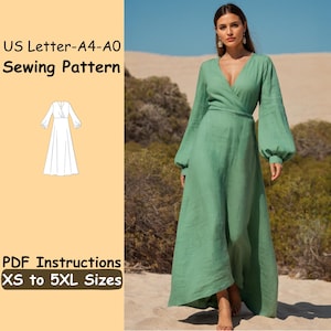 Wrap Dress Sewing Pattern Linen Maxi Dress Pattern Bishop Sleeve V Neck Dress Pattern Cottagecore Linen Dress