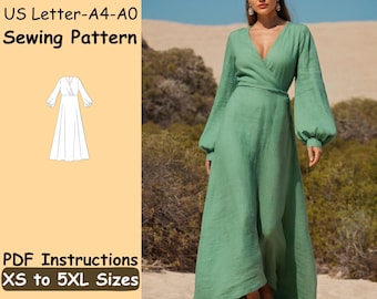 Wickelkleid Schnittmuster Maxi-Kleid-Schnittmuster Bischof Ärmel V-Ausschnitt Kleid Schnittmuster Cottagecore Leinenkleid