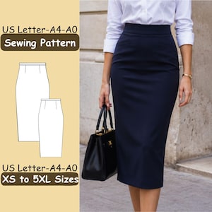 Könnte beinhalten: Ein digitales Schnittmuster für einen dunkelblauen Bleistiftrock mit hoher Taille. Das Bild zeigt eine technische Strichzeichnung der Rock-Silhouette mit dem Text US Letter-A4-A0 Sewing Pattern und US Letter-A4-A0 XS to 5XL Sizes.