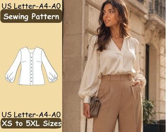 May include: A sewing pattern for a long-sleeved blouse with a V-neck and button-down front, available in sizes XS to 5XL. The graphic includes the text US Letter-A4-A0 Sewing Pattern and US Letter-A4-A0 XS to 5XL Sizes alongside a technical line drawing.