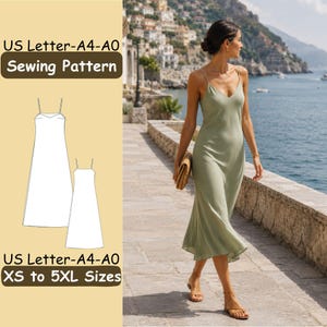 Può includere: Un cartamodello per un abito sottoveste midi con spalline sottili e scollo a V, disponibile nelle taglie dalla XS alla 5XL. Il modello include i formati US Letter, A4 e A0. L'immagine mostra un abito verde salvia con una silhouette fluida.
