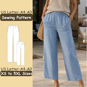 May include: A sewing pattern for wide-leg trousers with text reading US Letter-A4-A0 Sewing Pattern and US Letter-A4-A0 XS to 5XL Sizes. The image displays a technical line drawing of the pants alongside a photograph of light blue trousers.