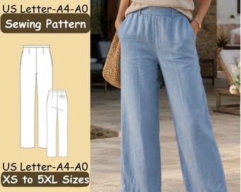 May include: A sewing pattern for wide-leg trousers with text reading US Letter-A4-A0 Sewing Pattern and US Letter-A4-A0 XS to 5XL Sizes. The image displays a technical line drawing of the pants alongside a photograph of light blue trousers.