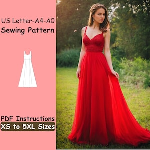 Könnte beinhalten: Ein rotes Abendkleid mit einem Spitzenoberteil und einem fließenden Rock. Das Bild enthält eine Schnittmusterzeichnung und den Text "US Letter-A4-A0 Sewing Pattern" und "PDF Instructions XS to 5XL Sizes."