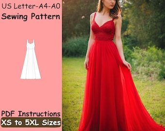 May include: A red formal dress with a lace bodice and flowing skirt. The image includes a sewing pattern diagram and text that reads "US Letter-A4-A0 Sewing Pattern" and "PDF Instructions XS to 5XL Sizes."