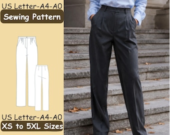 May include: A sewing pattern for high-waisted trousers with a light blue button-down shirt. The graphic shows the text US Letter-A4-A0 Sewing Pattern and US Letter-A4-A0 XS to 5XL Sizes alongside a technical line drawing of the pants.