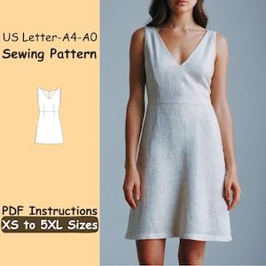 V Neck Linen Dress Sewing Pattern, Pinafore Loose Dress Pattern, Casual Summer Dress Beginner Pattern, A line Easy Dress Pattern for Girls