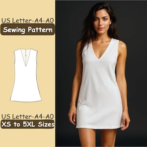 Puede incluir: Una mujer con un vestido blanco sin mangas con cuello en V. La imagen también muestra un patrón de costura del vestido. El texto en la imagen dice "US Letter-A4-A0 Sewing Pattern" y "XS to 5XL Sizes".