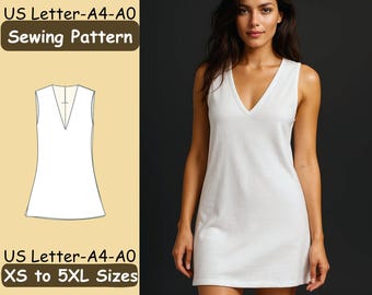 May include: A woman wearing a white sleeveless dress with a V-neck. The image also shows a sewing pattern of the dress. Text on the image reads "US Letter-A4-A0 Sewing Pattern" and "XS to 5XL Sizes".