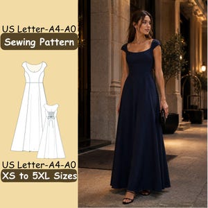 Pode incluir: Um molde de costura para um vestido longo com decote quadrado e mangas curtas, disponível nos tamanhos XS a 5XL. O molde inclui formatos US Letter, A4 e A0. Um vestido azul-marinho escuro com corpete justo e saia evasê é apresentado.