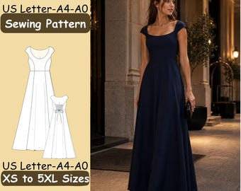 May include: A sewing pattern for a floor-length dress with a square neckline and cap sleeves, available in sizes XS to 5XL. The pattern includes US Letter, A4, and A0 formats. A dark navy blue dress with a fitted bodice and flared skirt is shown.
