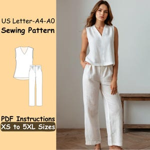 Top and Pants Sewing Pattern Set - Women Simple Set Sewing Instructions - Casual DIY Outfit Blouse and Trousers Pattern