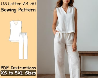 May include: White linen sleeveless top and pants set. The image includes a sewing pattern diagram and a photo of the outfit. Text on the image reads "US Letter-A4-A0 Sewing Pattern" and "PDF Instructions XS to 5XL Sizes."