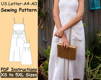 May include: White sundress with spaghetti straps and pockets, shown on a person holding a book. The image also includes a line drawing of the dress and the text "US Letter-A4-A0 Sewing Pattern" and "PDF Instructions XS to 5XL Sizes."