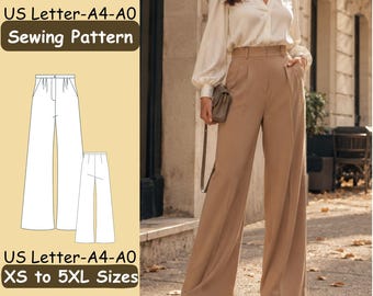 May include: A sewing pattern for wide-leg trousers with text reading US Letter-A4-A0 Sewing Pattern and US Letter-A4-A0 XS to 5XL Sizes. The image displays a technical line drawing of the trousers alongside a photograph of the trousers in tan.