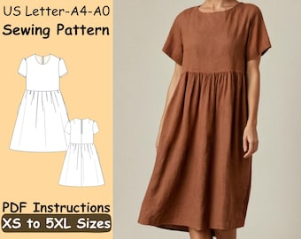 Sommerkleid Schnittmuster Minimalistisches Midi Leinen Kleid Schnittmuster | Frauen Kurzarm Gathered Kleid PDF Pattern