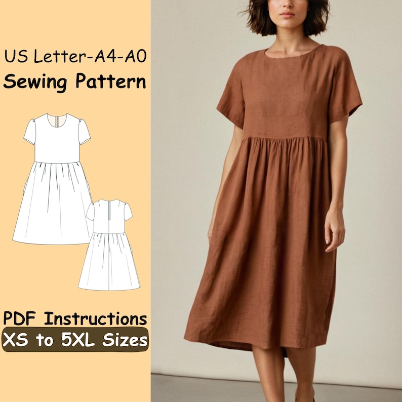 Op de afbeelding: Een bruine jurk met korte mouwen en een gerimpelde taille wordt getoond. De afbeelding bevat ook een naaipatroon met de tekst "US Letter-A4-A0 Sewing Pattern" en "PDF Instructions XS to 5XL Sizes."