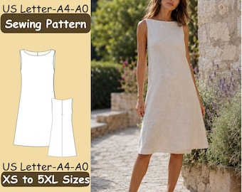 May include: A sleeveless beige linen dress with a boat neckline and a knee-length hem. The image includes a technical line drawing of the dress front and back, with text stating US Letter-A4-A0 Sewing Pattern and XS to 5XL Sizes.