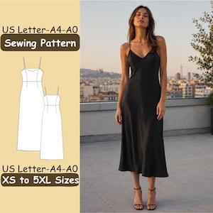 Peut inclure: Une robe nuisette noire mi-longue avec de fines bretelles et un décolleté en V. L'image comprend un dessin technique de la robe et le texte US Letter-A4-A0 Sewing Pattern et US Letter-A4-A0 XS to 5XL Sizes sur un fond clair.