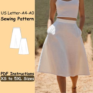 A Line Midi Skirt Sewing Pattern - High Waist Comfy Skirt Pattern - Casual Skirt with Pockets Sewing Pattern - Summer Linen Skirt
