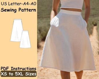 A Line Midi Skirt Sewing Pattern - High Waist Comfy Skirt Pattern - Casual Skirt with Pockets Sewing Pattern - Summer Linen Skirt