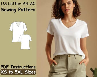 Basic Shirt Sewing Pattern - Women Summer V Neck Top Pattern - Short Sleeve Tank Top Pattern - Daily Easy T Shirt Beginner Pattern