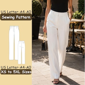 Op de afbeelding: Een naaipatroon voor een broek in US Letter, A4 en A0 formaten, beschikbaar in de maten XS tot 5XL. De afbeelding bevat een technische lijntekening van een witte broek met hoge taille en een foto van een witte broek.