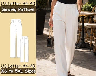 May include: A sewing pattern for trousers with US Letter, A4, and A0 formats, featuring sizes XS to 5XL. The visual includes a technical line drawing of white high-waisted trousers with a front fly and a photograph of white trousers.