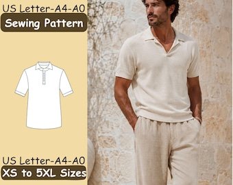 May include: A sewing pattern for a short-sleeved polo shirt with a collar and button placket. The text reads US Letter-A4-A0 Sewing Pattern and US Letter-A4-A0 XS to 5XL Sizes. A line drawing of the shirt is shown alongside a photograph of a shirt.