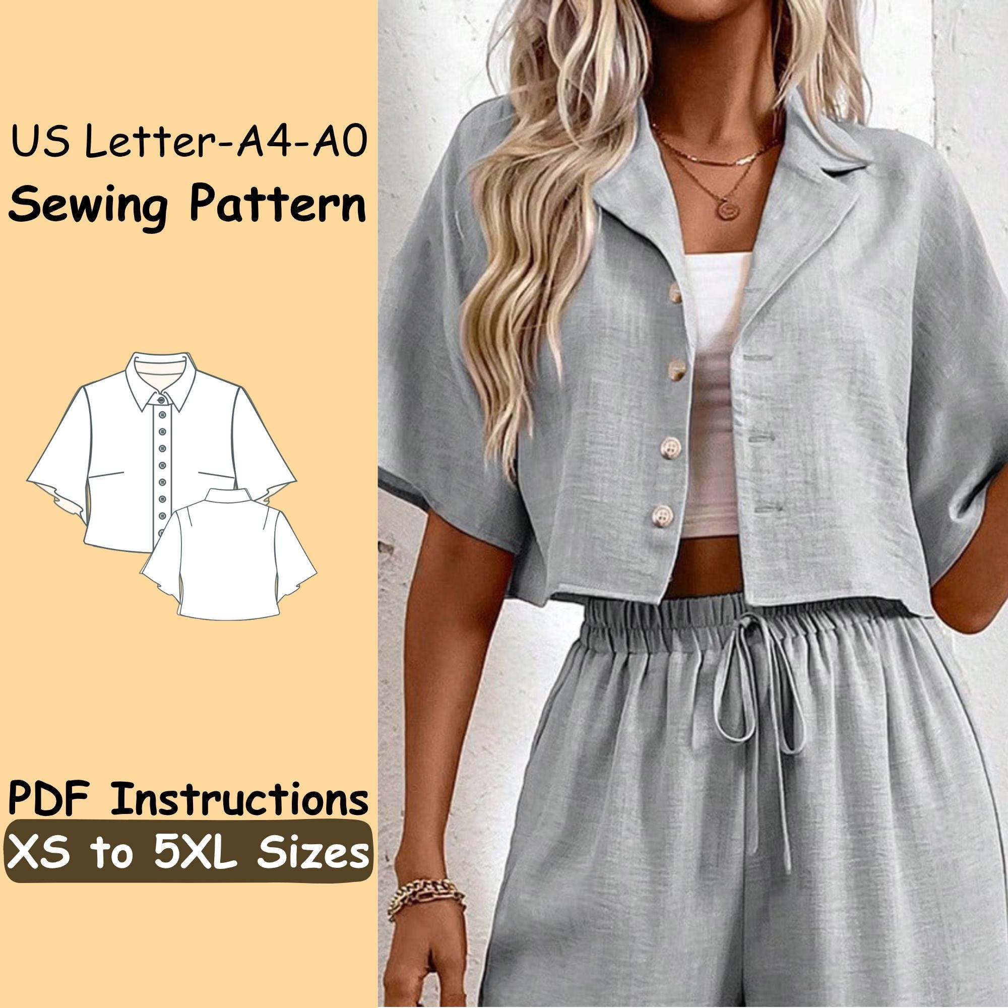 Women Button Top Sewing Pattern, Collared Blouse with Flare Sleeve PDF Pattern, Loose Summer Shirt Beginner Pattern