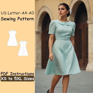 Peut inclure: Une robe bleu clair avec un col Claudine et des manches courtes. La robe a une taille ajustée et une jupe évasée. L'image comprend également un patron de couture avec le texte "US Letter-A4-A0 Sewing Pattern" et "PDF Instructions XS to 5XL Sizes."