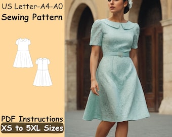 Women Peter Pan Collar Dress Sewing Pattern Simple Dress for Girls Pattern Formal Midi Dress with Button Closure Instant Download