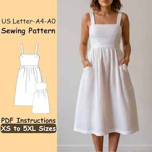 Summer Midi Dress Sewing Pattern Square Neckline Cottagecore Dress Pattern Gathered Midi Dress Women Sewing Pattern